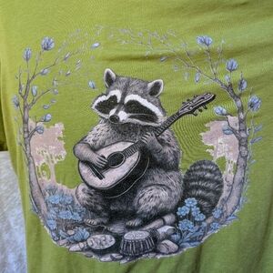 Raccoon Playing Guitar In The Forest Blue Flowers Bella Canvas 2XL